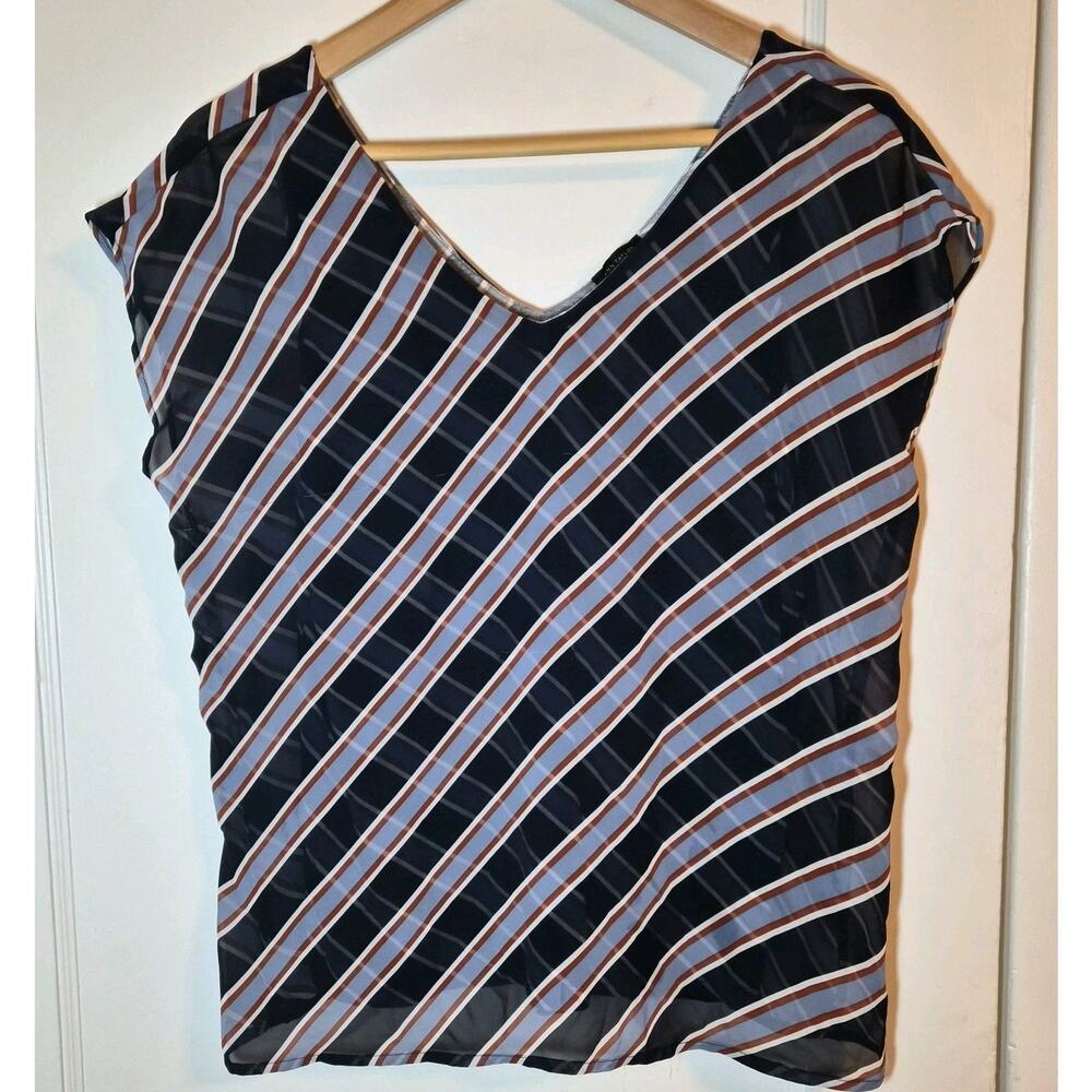 Ann Taylor Loft Striped Blouse Sz M‎ Sheer Chiffon Over Fitted Tank Top